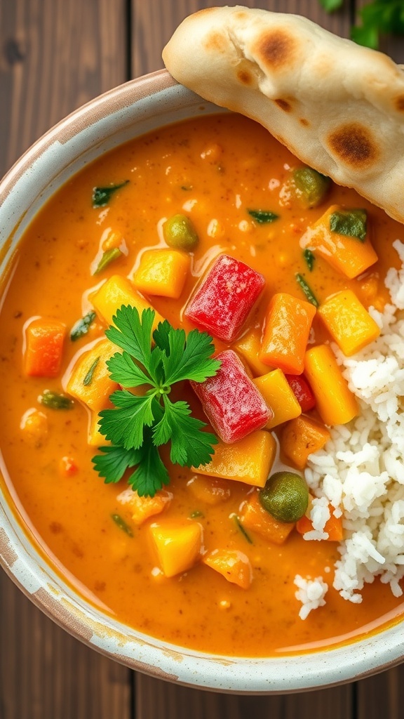 A colorful bowl of spicy sour patch curry with mixed vegetables and cilantro, served with rice and naan.